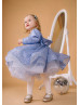 Long Sleeves Blue Glitter V Back Flower Girl Dress